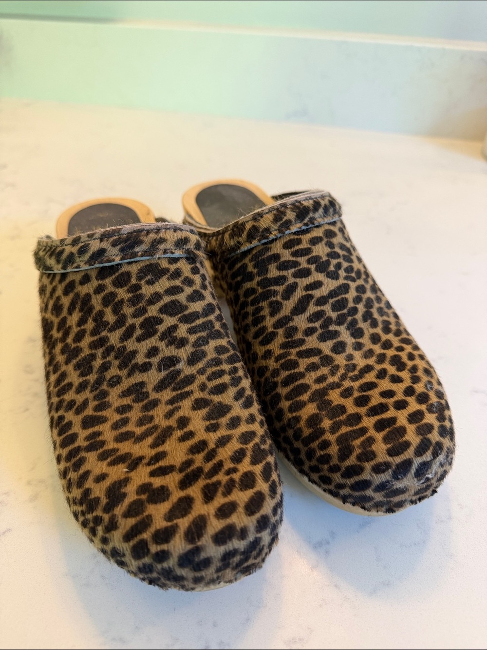 No. 6 Leopard Print Pony Hair Clogs in Brown and Black